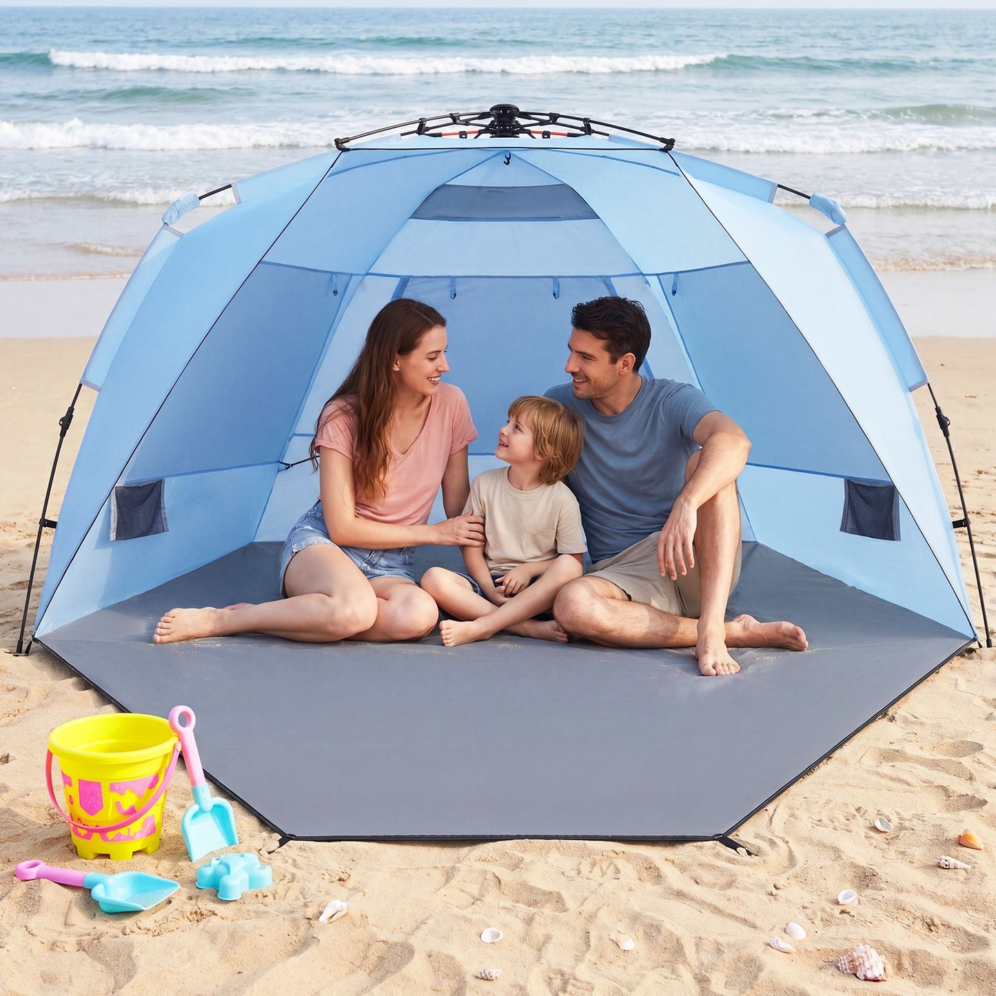 Coast Pop-up Strandtent 3-4 Personen - Grijs/Blauw - 278 x 140 x 142 cm - Incl. Draagtas, Haringen en Zandzakken