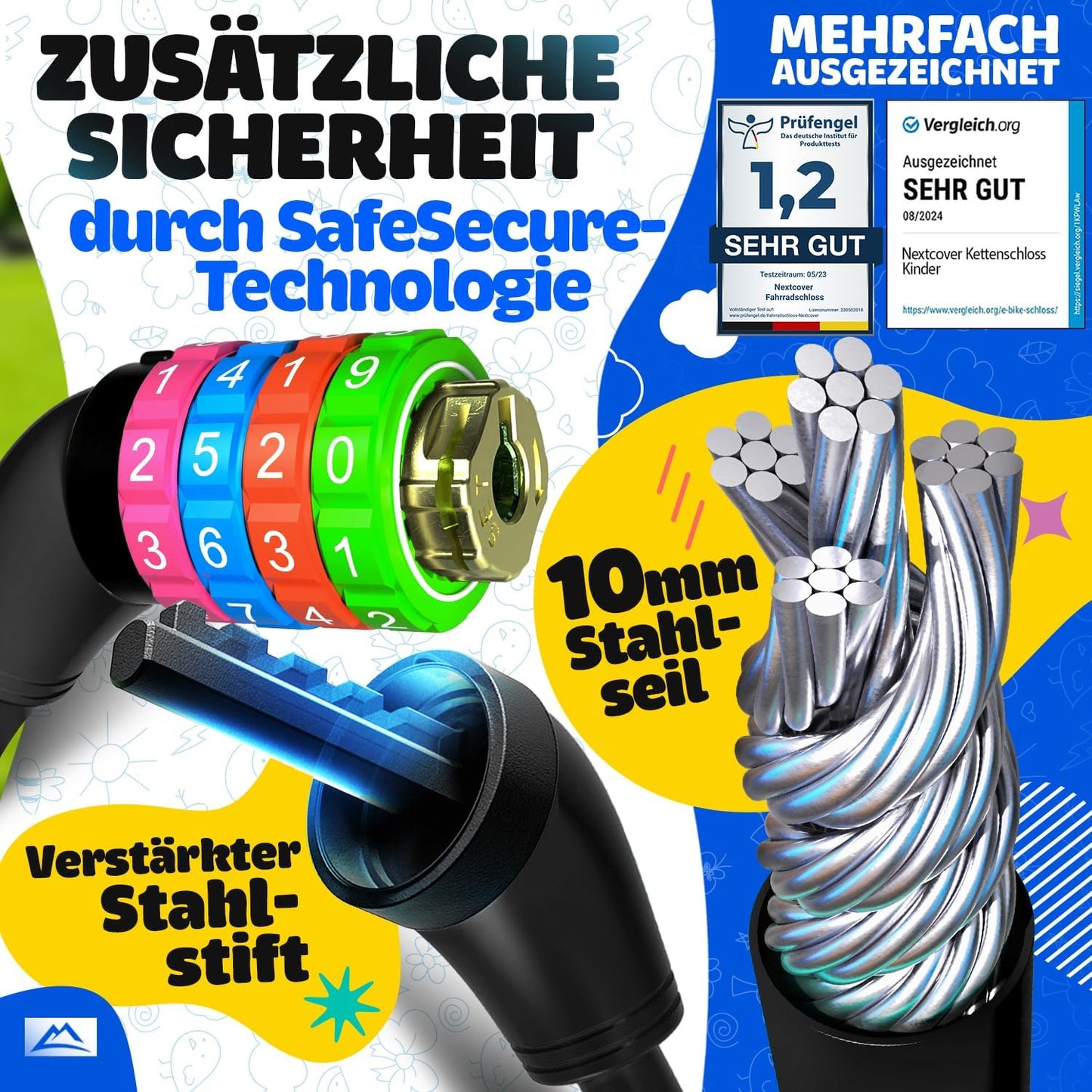 NEXTCOVER® Kinderfietsslot - 4-cijferige cijfercode - Combinatieslot fiets met kleurrijke cijfers - Scooterslot Extra robuust & veilig - Zwart
