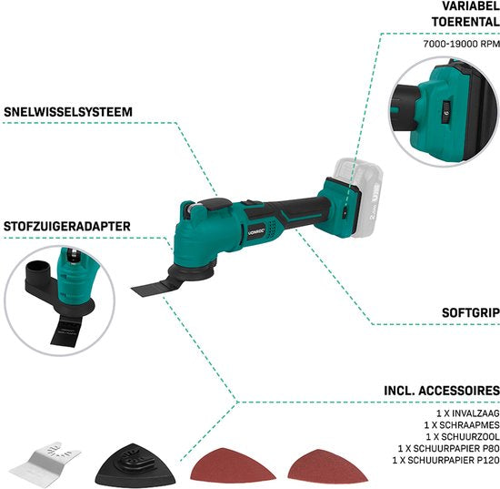 VONROC Accu Multitool 20V - met schraapmes, invalzaagblad, schuurzool en schuurpapier - 6 snel-heden: 7.000 - 19.000 rpm - Excl. Accu en oplader
