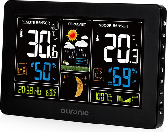 Auronic Weerstation - Draadloos - Binnen en Buiten - met Buitensensor - 60M Bereik - Zwart