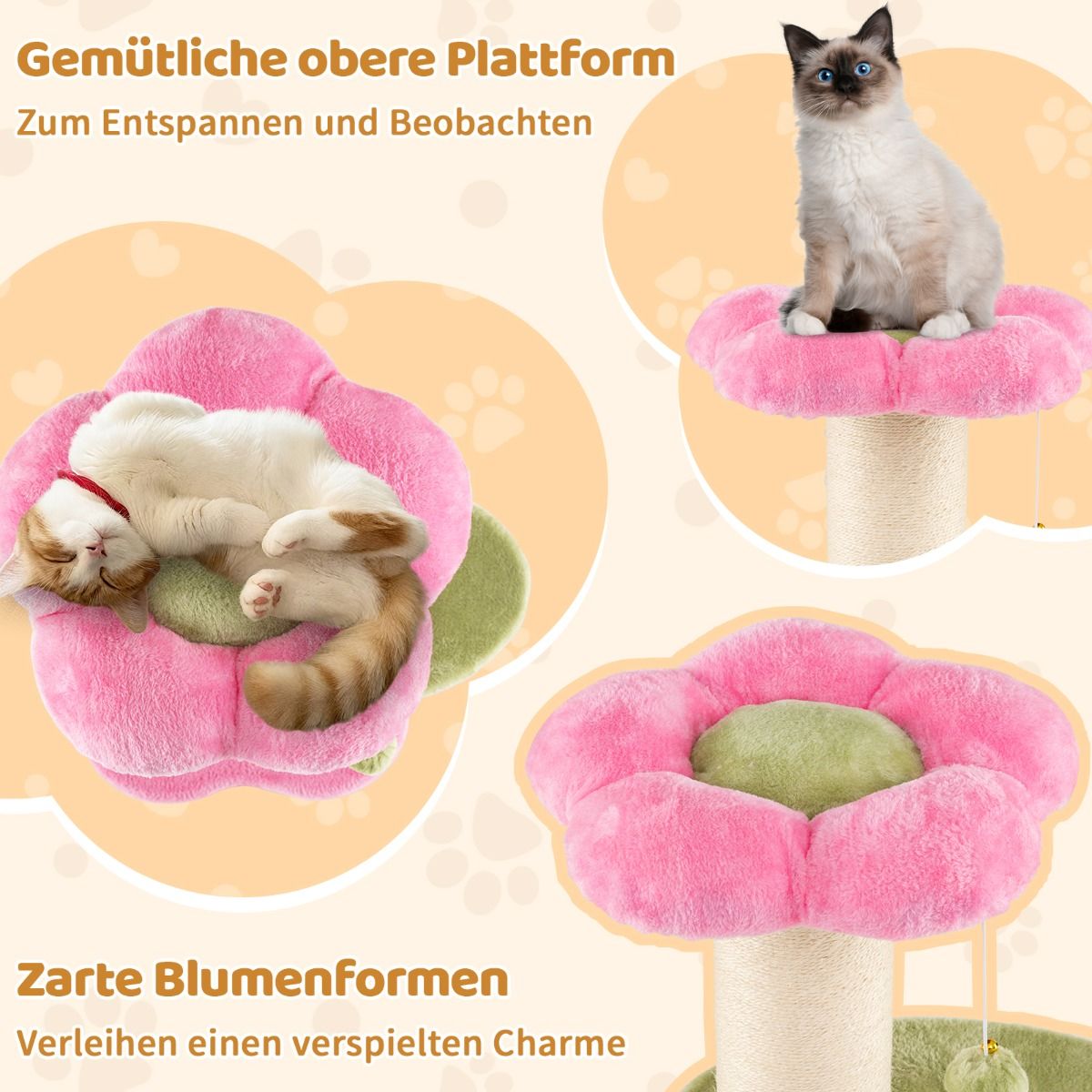 Coast Krabpaal voor katten - 3 verdiepingen - met pluche ligplek en bloemenplatforms - roze - 69 cm