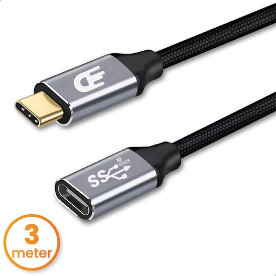 Drivv. USB C Verlengkabel 3.2 - Mannelijk naar Vrouwelijk - Fast Charge / Snellader - USB C Data en Oplaadkabel - 3 meter - Geschikt voor Samsung, iPhone 15 & Meer - Grijs