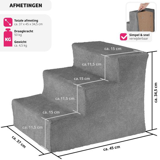 tectake® huisdiertrap, instaphulp met wasbare hoes, extra vlakke trap, (grijs, 37 x 45 x 34,5 cm)
