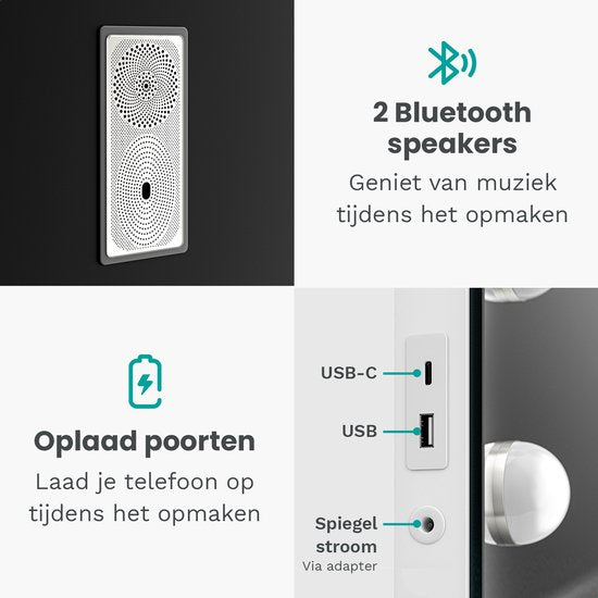 Mirlux Hollywood Spiegel 58x48CM – Bluetooth Spiegel met 2 Luidsprekers – Make Up Spiegel met Verlichting – 15x LED Lampen – 3 Lichtstanden – 10x Vergroting – Hollywood Spiegel met USB & USB-C – Luxe Witte Make-Up Spiegel voor Kaptafel of Badkamer