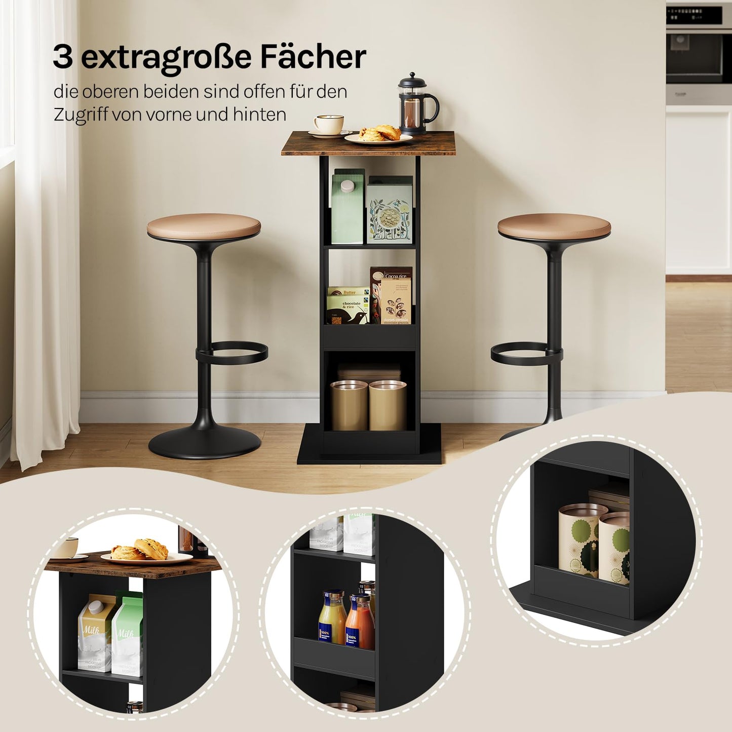 Woltu Bartafel - 109cm Hoog - Rechthoekig - 3 Schappen - Zwart/Rustiek Bruin