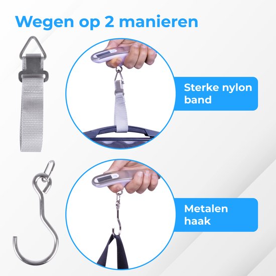 Nuvance - Digitale Kofferweegschaal - Bagageweegschaal tot 50 KG - Inclusief Weeghaak en Batterij - Bagageweger - Hangweegschaal  - Grijs/Wit