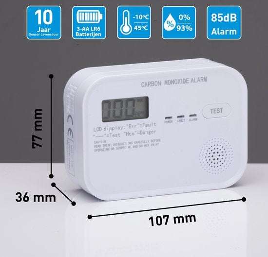 Grundig CO Melder - Hoogsensitieve Koolmonoxidemelder - LCD Scherm - 10 Jaar Sensor - Voldoet aan Europese norm