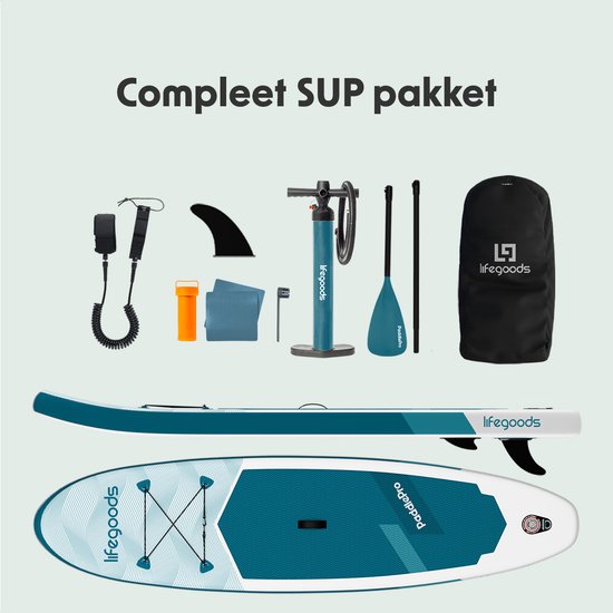 LifeGoods SUP Board Allround Compact - 100 KG Draagkracht - 300 x 76 cm - Opblaasbaar - Compleet SUP pakket - Wit/Deep Aqua