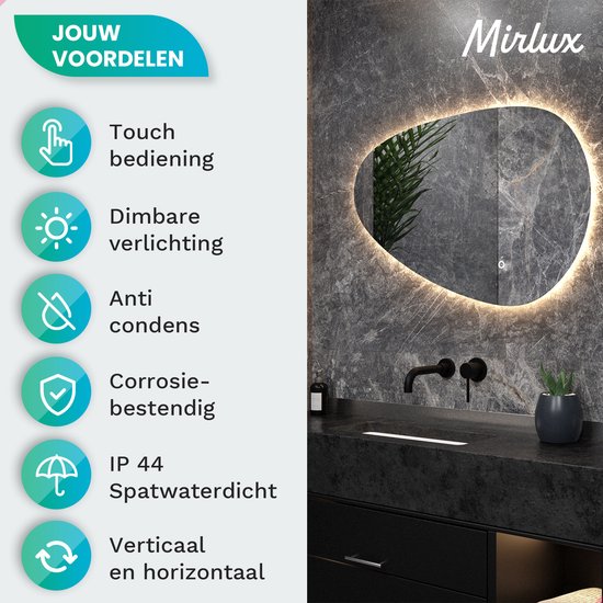 Mirlux Badkamerspiegel met LED Verlichting – Asymmetrisch Wandspiegels – Anti Condens Douchespiegel - Wandspiegel 90x60CM