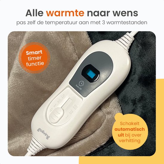 Goliving Elektrische Fleece Plaid - Warmtedeken - Verwarmende Fleecedeken - Elektrische Deken - 3 Warmtestanden - Machinewasbaar - 120 Watt - 2.5 Meter Snoer - Sherpa Flanel - 160 x 120 cm - Donkergrijs