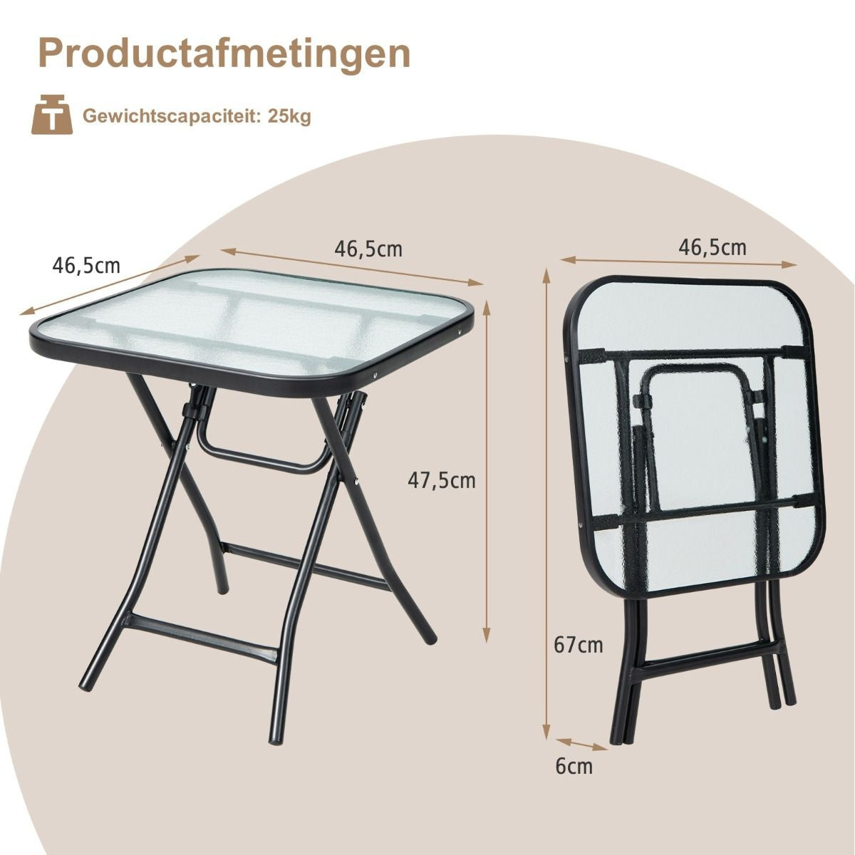 Coast Terrace bijzettafel vierkante glazen tafel met roestvrij frame opvouwbare salontafel zwart