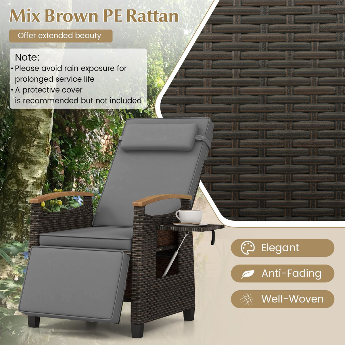 Coast Relaxstoel Rattan Grijs - Verstelbare Rugleuning 150° - Met Voetensteun en Zijtafeltje - 79-142x60x105-72 cm