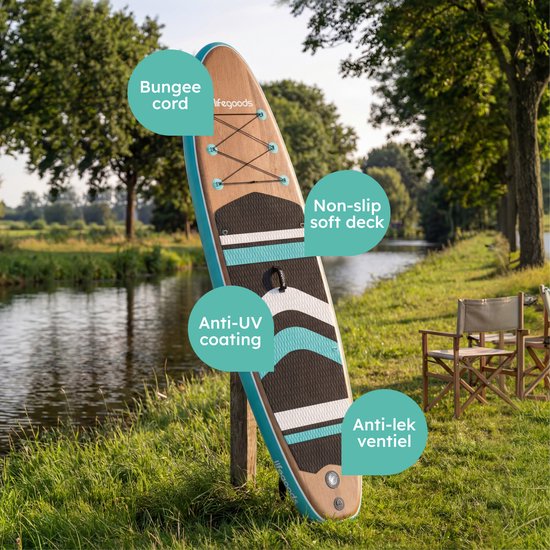 LifeGoods PaddlePro SUP Board - Opblaasbaar Paddle Board - Complete Set - Max. 150KG - 320x81cm - Hout/Blauw