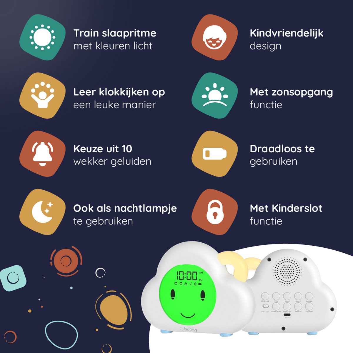 Numsy - Lou Slaaptrainer Kinderen - Kinderwekker met Nachtlampje - LED - 16 x 11 x 4 cm - 5W - Wolkje