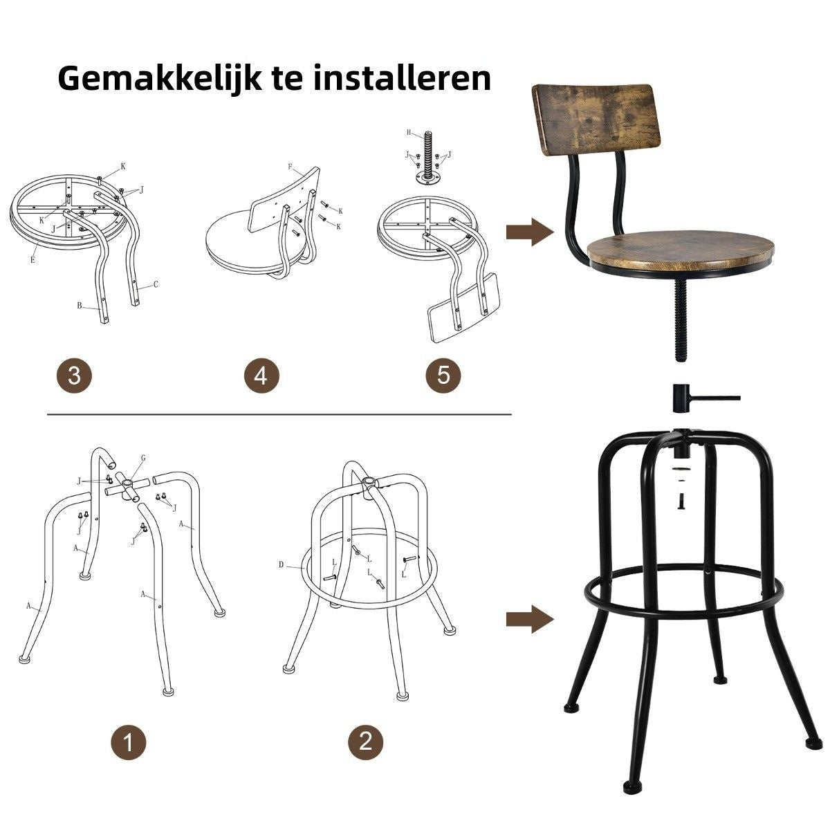 Coast Barstoel set van 2 - Industrieel - Draaibaar - Max. 150 kg - 54 x 54 x 106 cm - Bruin