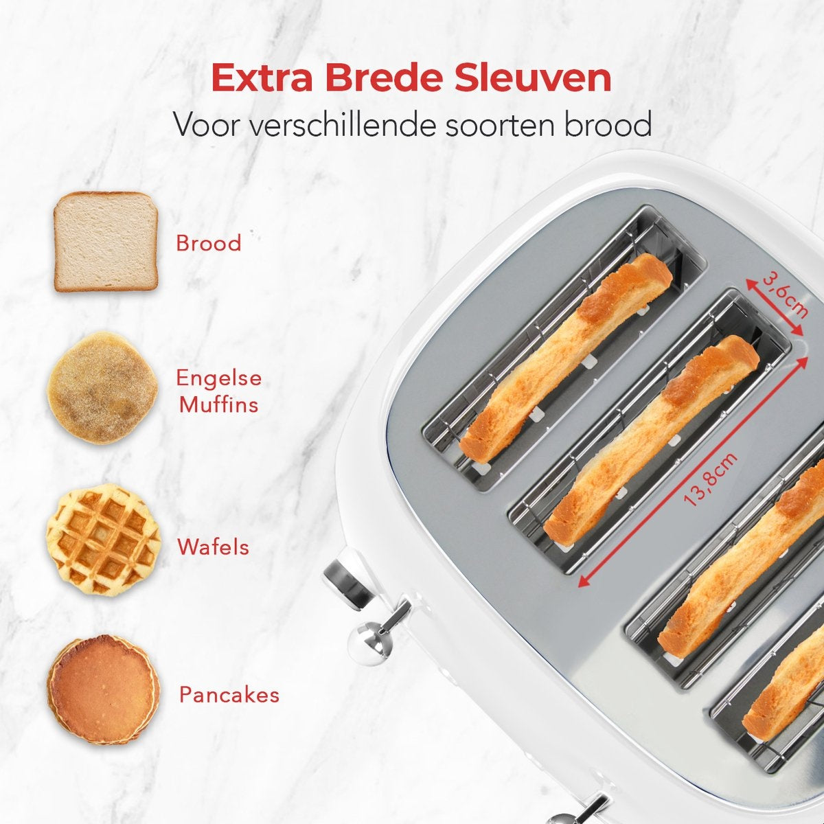 KitchenBrothers Retro Broodrooster - 6 Warmteniveaus - 4 Extra Brede Sleuven - 1630W - Reheat en Ontdooi-functie - Wit