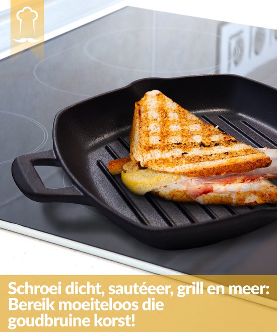 Chefarone Gietijzeren Grillpan – 25,5 cm – Voor Inductie, Gas, Oven & BBQ – Vierkante Grillpan met Ribbels – Perfecte Grillstrepen & Warmteverdeling – Pan met Handgreep