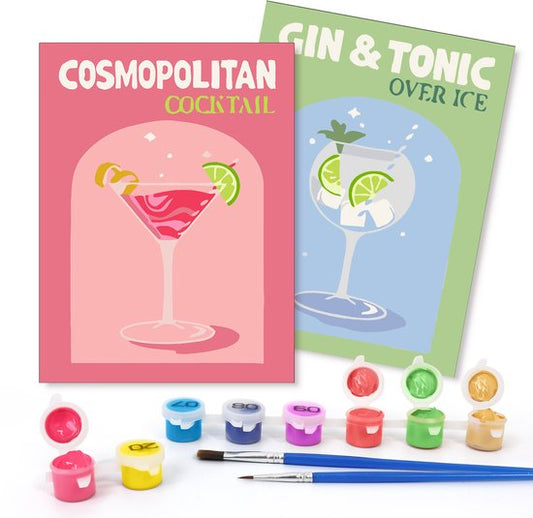 Rubye® Schilderen Op Nummer Volwassenen – Gin Tonic - Cocktails – Inclusief Verf en Penselen – Canvas Schildersdoek - Kleuren op Nummer - Dubbele Set - 15x20cm