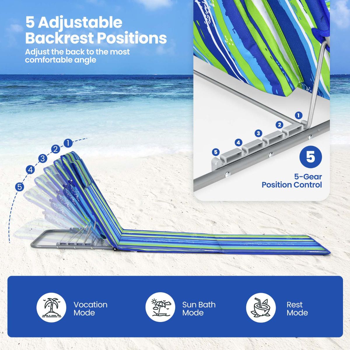 Coast Strandmatten (2 Stuks) met Bijzettafel - 151 x 56 x 27 cm - Groen / Blauw