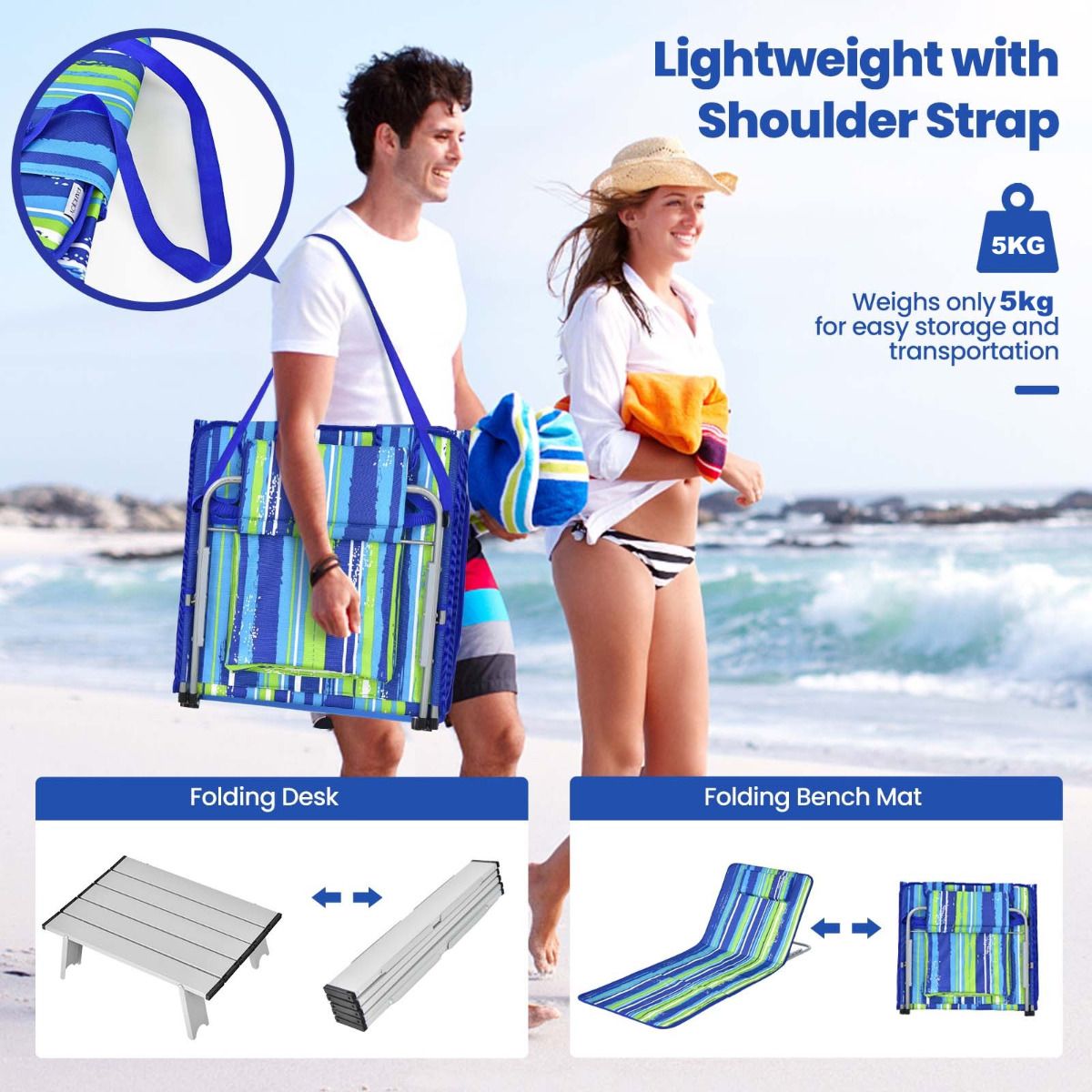 Coast Strandmatten (2 Stuks) met Bijzettafel - 151 x 56 x 27 cm - Groen / Blauw