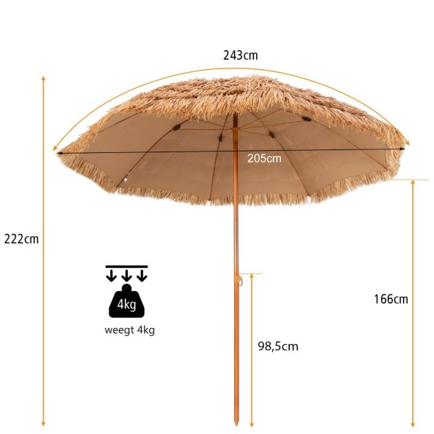 coast Hawaiiaanse Stijl Stroparasol Ø205 cm – Natuurlijk Design met 8 Metalen Ribben