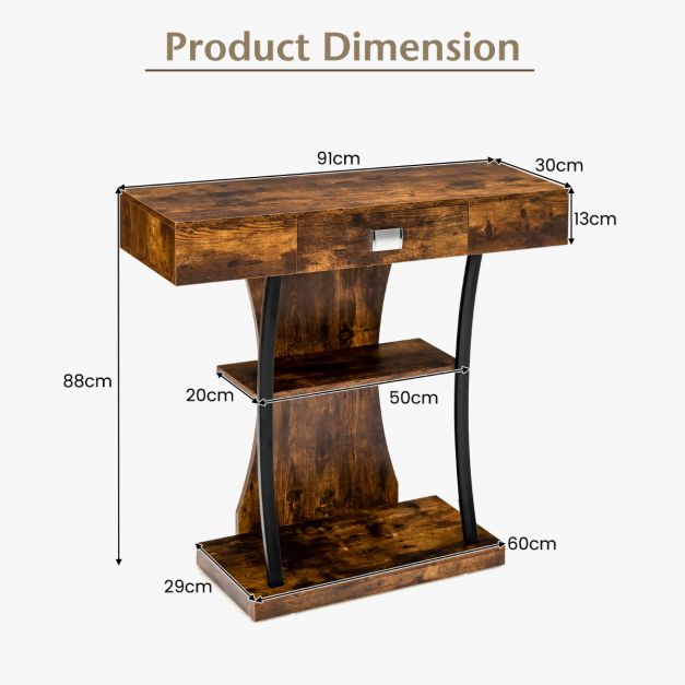 Coast Consoletafel – T-vormig – Met 2 Laden & 2 Planken – Rustiek Bruin – 91 x 30 x 88 cm
