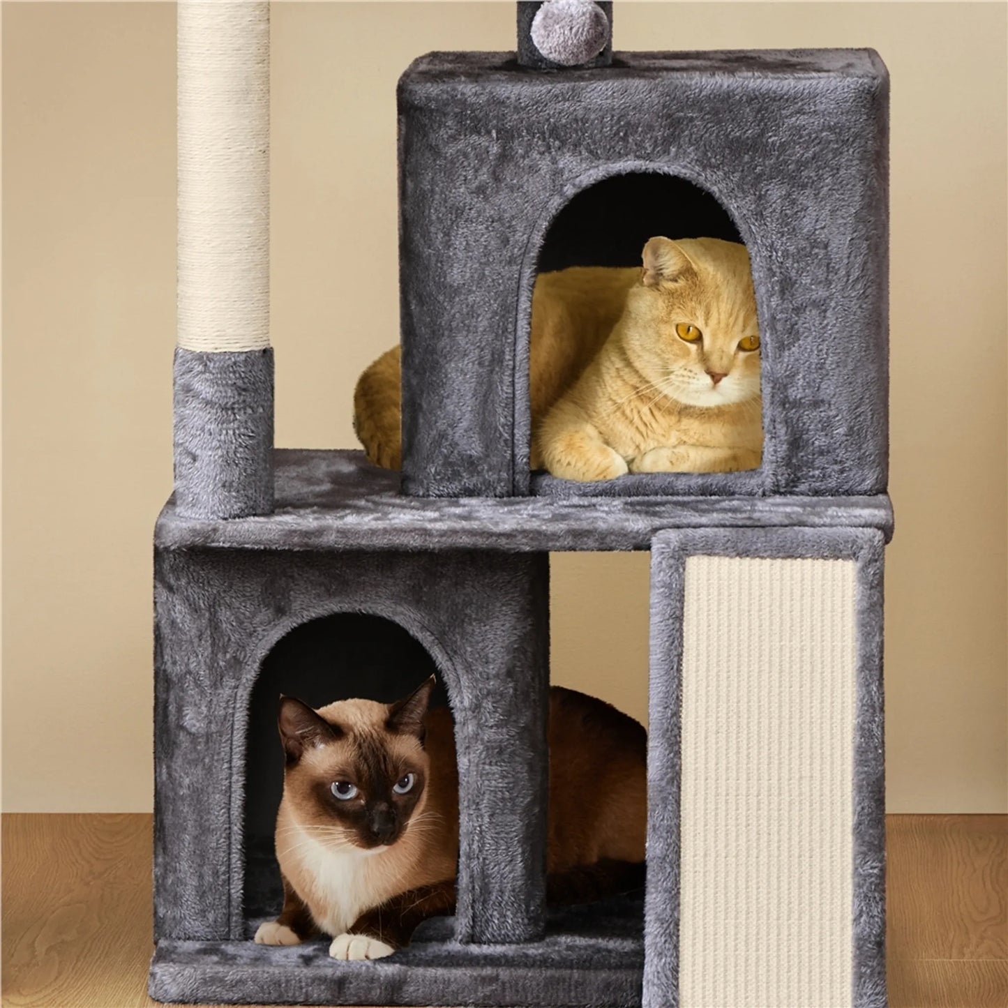 Yaheetech Krabpaal Met Twee Kattenhuisjes – Voorzien Van Uitkijkplatform En Krabplank En Sisalpaal En Speelbal – Voor 1-2 Kleine Tot Middelgrote Katten – Donkergrijs Pluche En Sisal – 60 x 45 x 106 cm