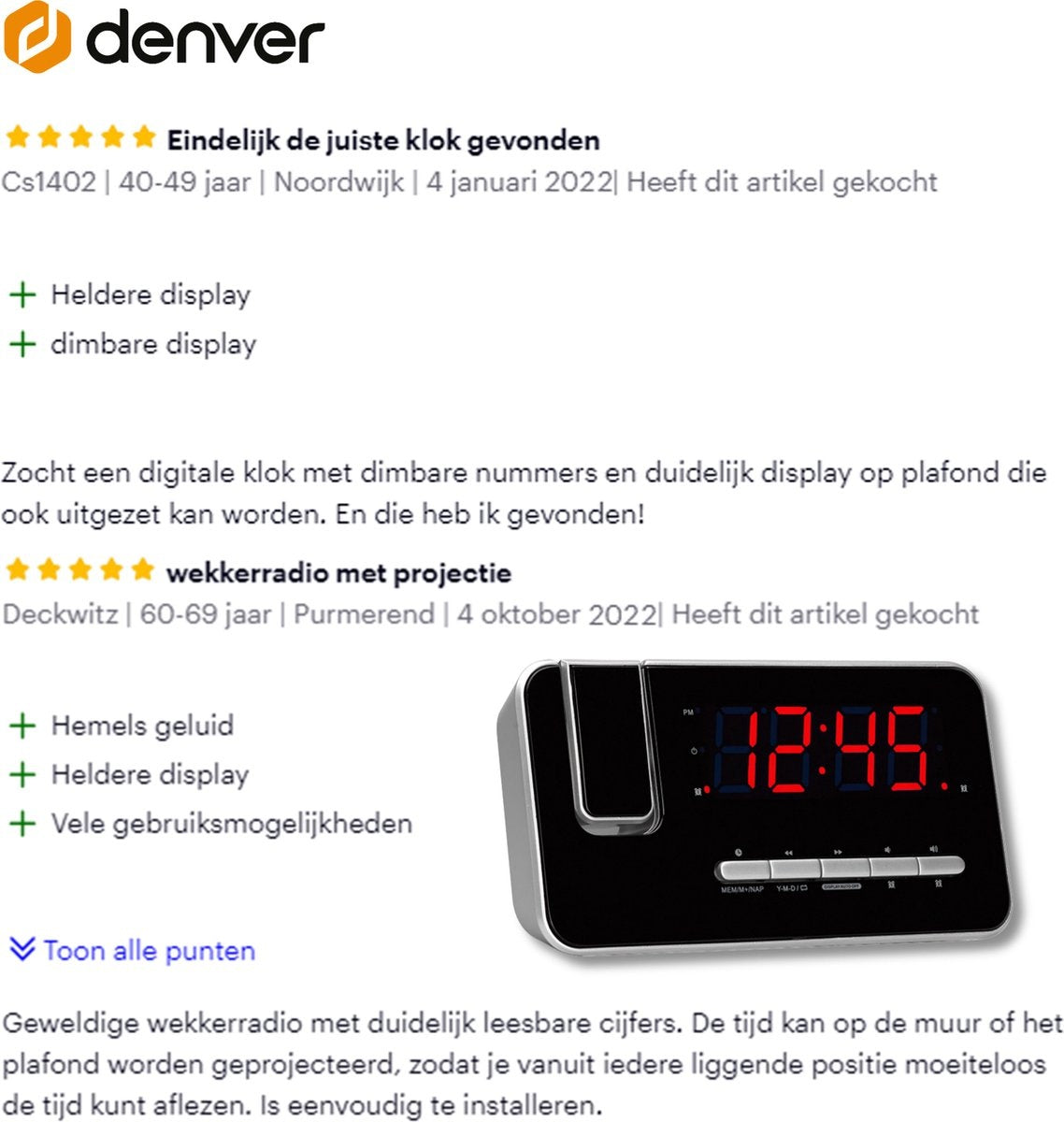 Denver Wekkerradio met Projectie - Digitale wekker - FM Radio - Dubbel Alarm - CRP618 - Zwart