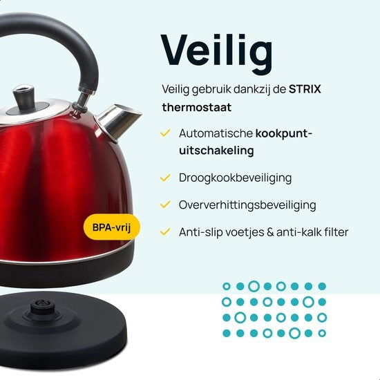 MOA Waterkoker Retro - 1.8L - RVS - BPA vrij - 2200W - Elektrische Waterkoker- Rood