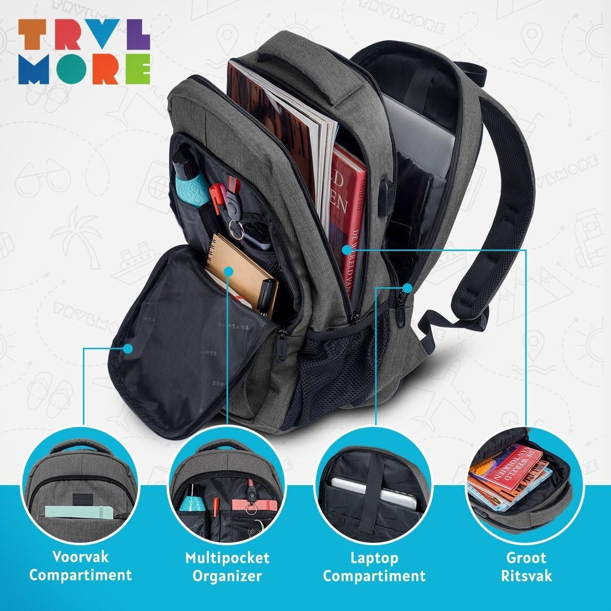 TRVLMORE Rugzak - 28L - 15,6 inch - Laptop Rugtas - Schooltas - Unisex - Spatwaterdicht Grijs