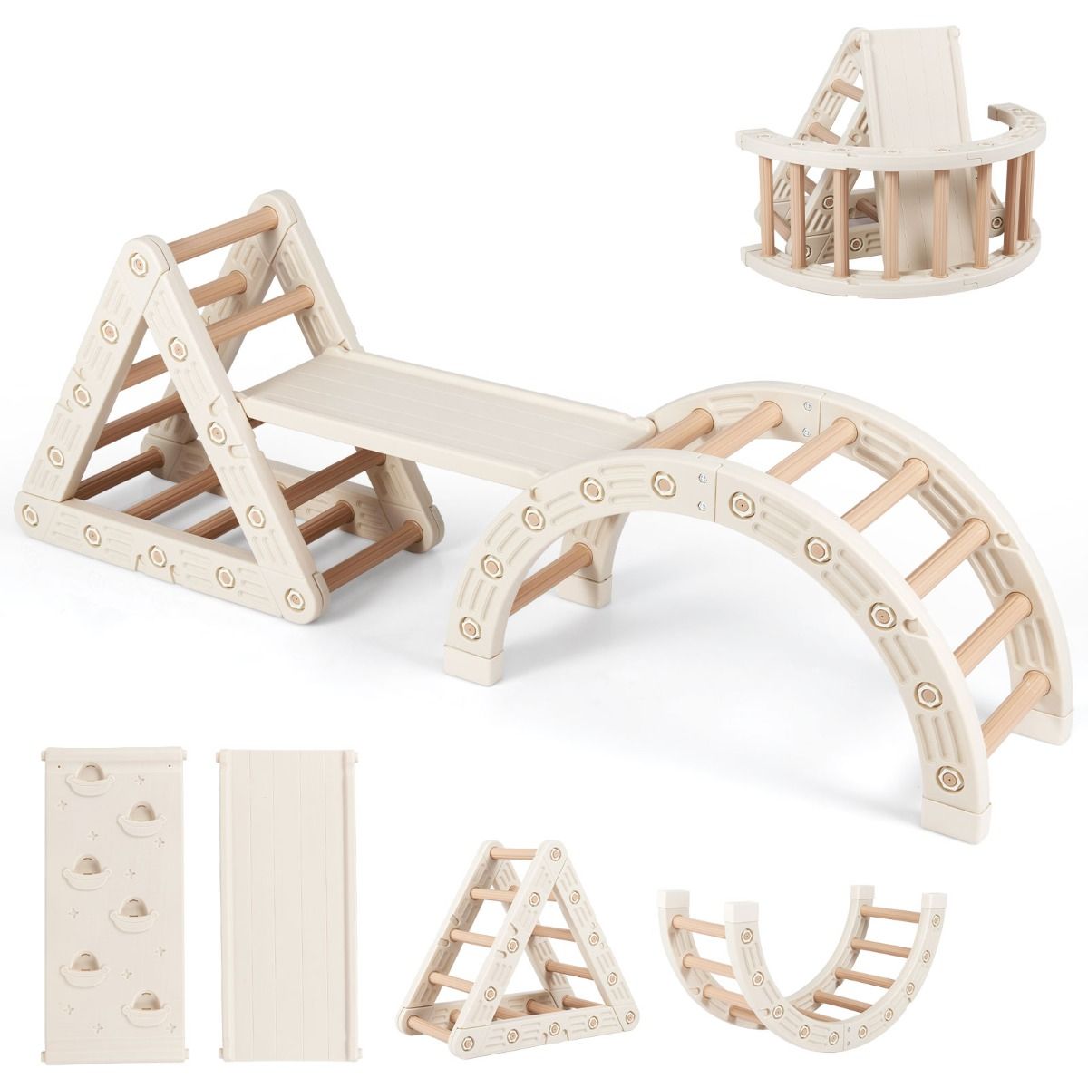 Coast Montessori klimset voor kinderen - 5-in-1 houten klimrek met boog en dubbelzijdige ladder - beige en koffie