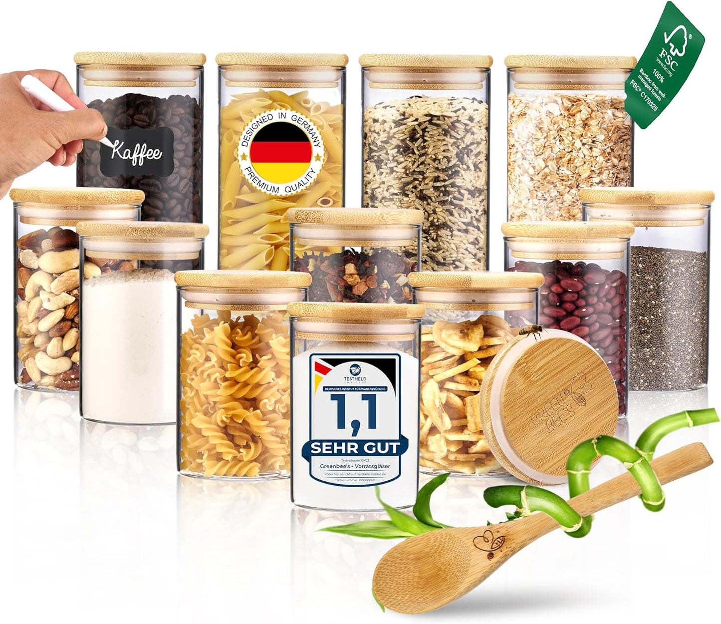 GREEN BEE`S set van 12 voorraadpotten klein - 4x600ml & 8x430ml - Perfect geschikt voor lade & apothekerskast - Duurzame voorraadpotten met luchtdichte deksels - Voor rijst, noten, zaden en specerijen