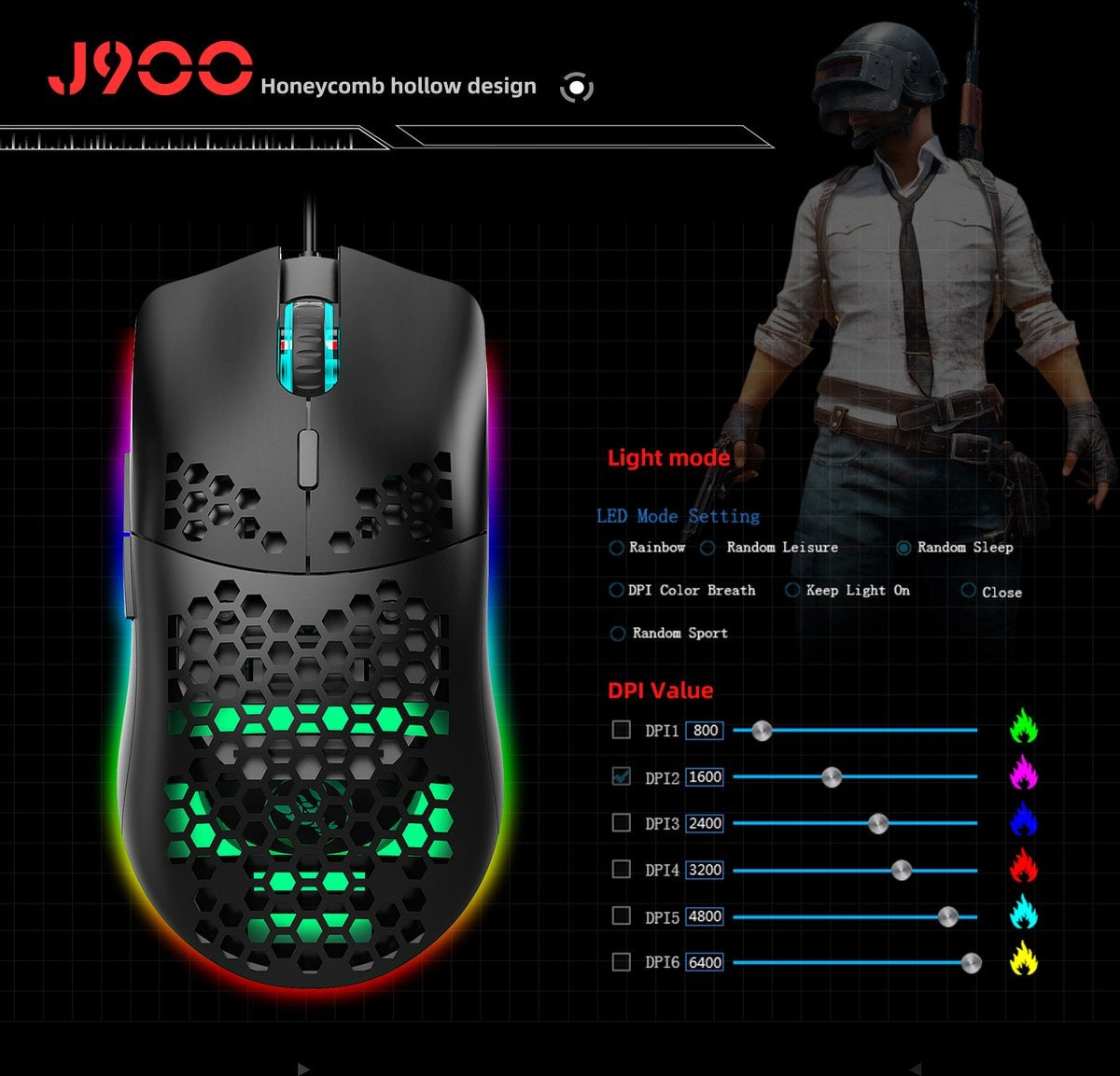 HXSJ J900 Optisch Gaming Muis - Ultra licht - RGB Verlichting - 6400 DPI - Zwart