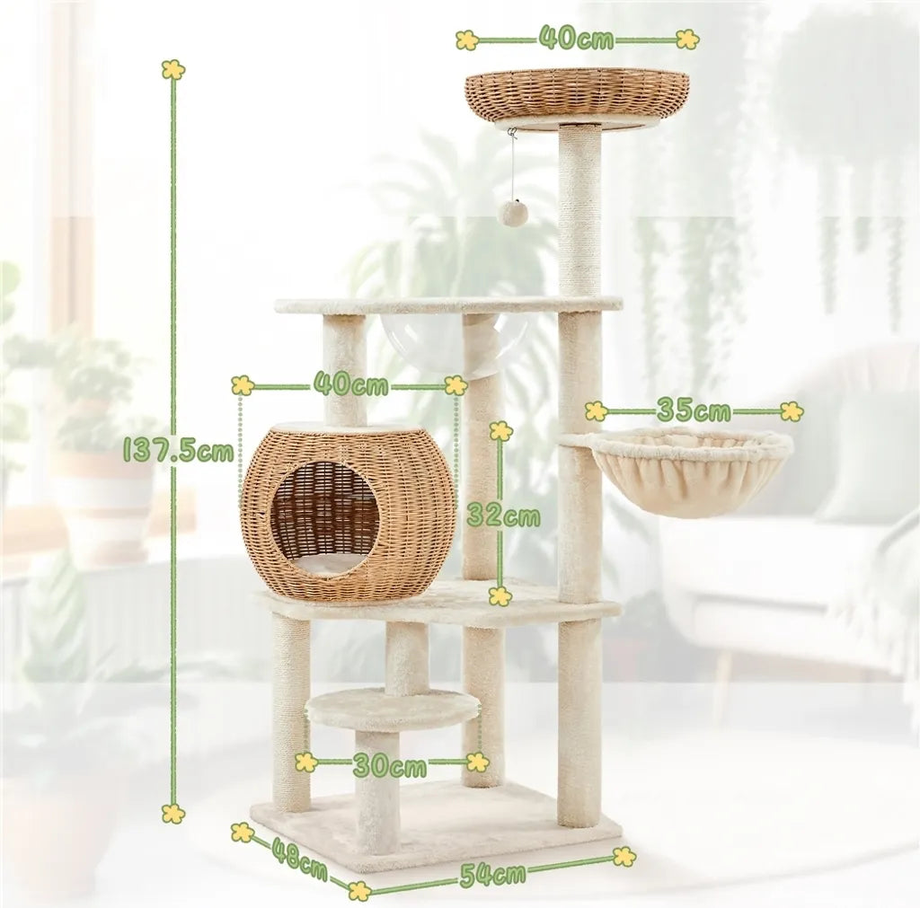 Yaheetech Krabpaal 137,5 cm Rattan met Kattenhuis, Beige