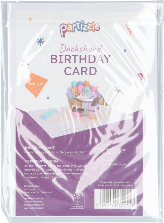 Partizzle 1 stuks Pop up 3D Teckel Verjaardagskaart met Envelop - Happy birthday Kaarten - Popupkaarten - Volwassenen & Kinderen - 15x21 cm