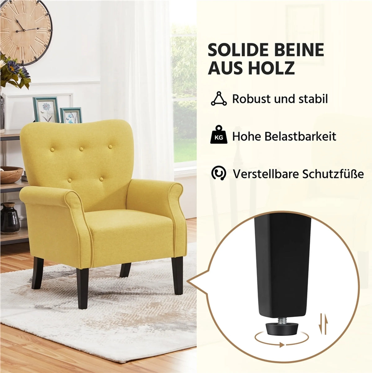 Yaheetech Loungefauteuil met Houten Poten - 74 x 72 x 94 cm - Geel