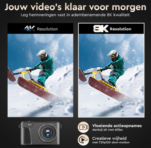K&L 8K Digitale Camera Zonder 128GB SD-kaart - 88 MP - 18x Zoom - WiFi - 3,0" UHD - Vlogcamera