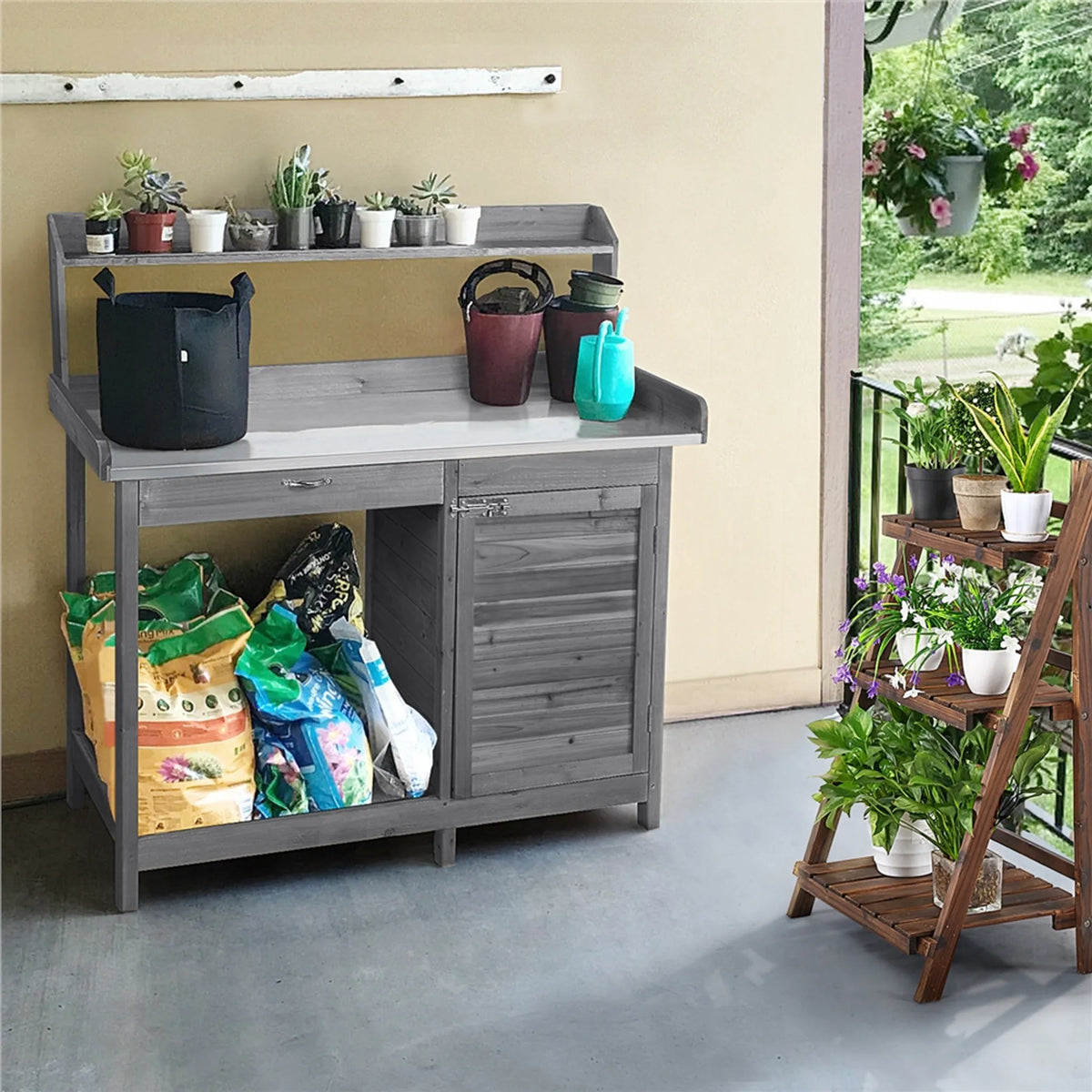 Yaheetech Oppottafel Tuintafel – 101 x 46,5 x 125 cm – Gegalvaniseerd Metalen Werkblad - 3 Zijhaken - Verwijderbare Zijpanelen – Grijs Vurenhout - Metaal