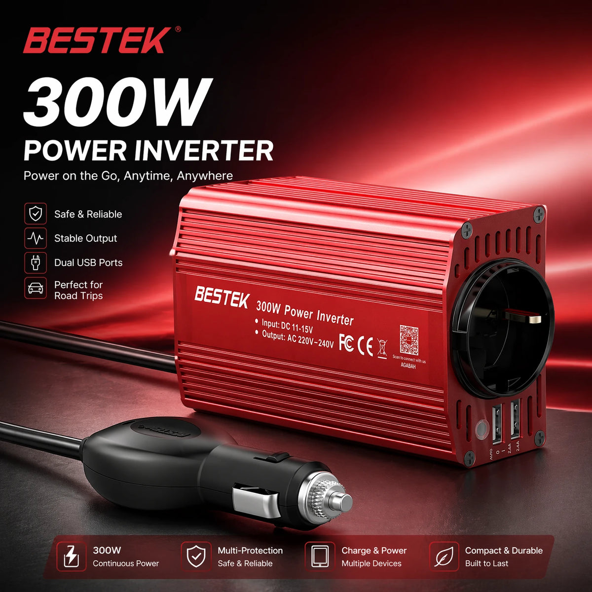 BESTEK 300W Omvormer 12V naar 230V – 2 USB-poorten & Stopcontact – Voor Auto, Camper en Onderweg – Rood