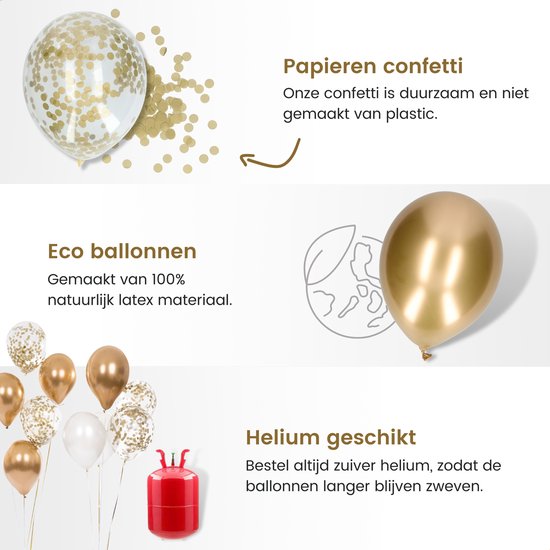Partizzle 50x Ballonnen Wit en Goud - Helium Geschikt - Papieren Confetti - Nieuwjaar / Oud en Nieuw - Bruiloft, Huwelijk Kerst Ballonnenboog Decoratie - Latex