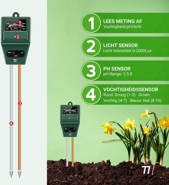 TIKKENS® Vochtmeter Bodem Planten - Vochtigheidsmeter Planten - pH en Lichtmeter - 3 in 1 - Bloemen/Planten - Tuinaarde Testen - Vochtmeters