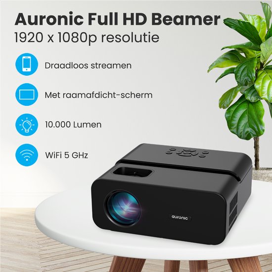 Auronic Beamer 10.000 Lumen - WiFi - 1080P Full HD - Streamen vanaf je telefoon - Smart Mini Beamer - IOS & Android - HDMI-kabel - Afstandsbediening en Projectiescherm - Zwart