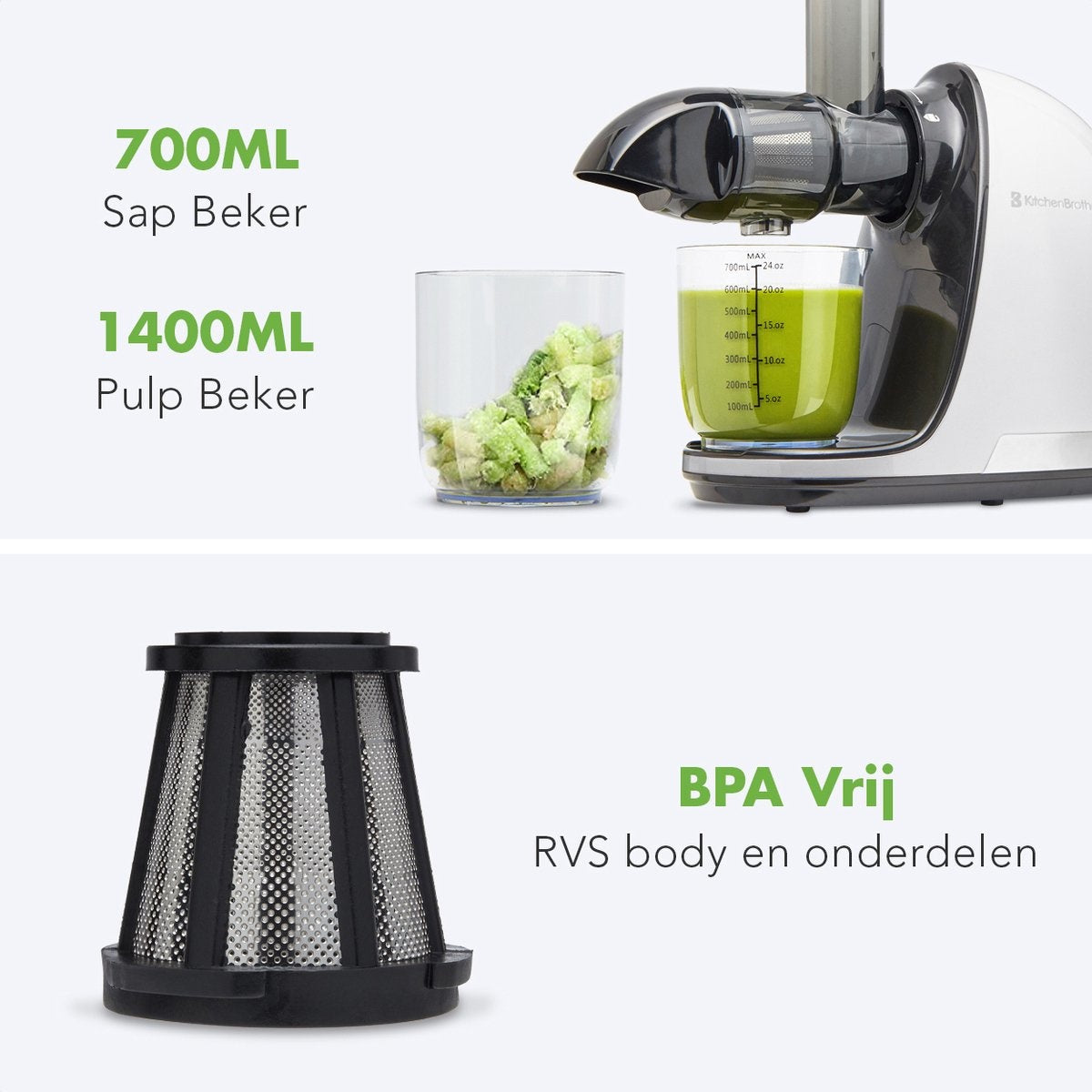 KitchenBrothers Slowjuicer - Groenten en Fruitpers - 700ml - Wit