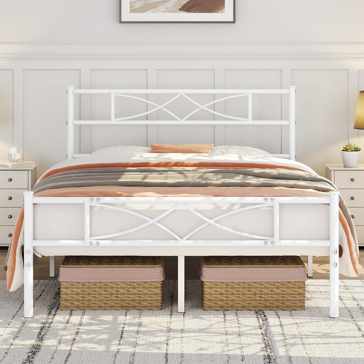 Yaheetech Metalen bedframe - Hoofdbord met kruisdesign - 140 x 200 cm - Wit