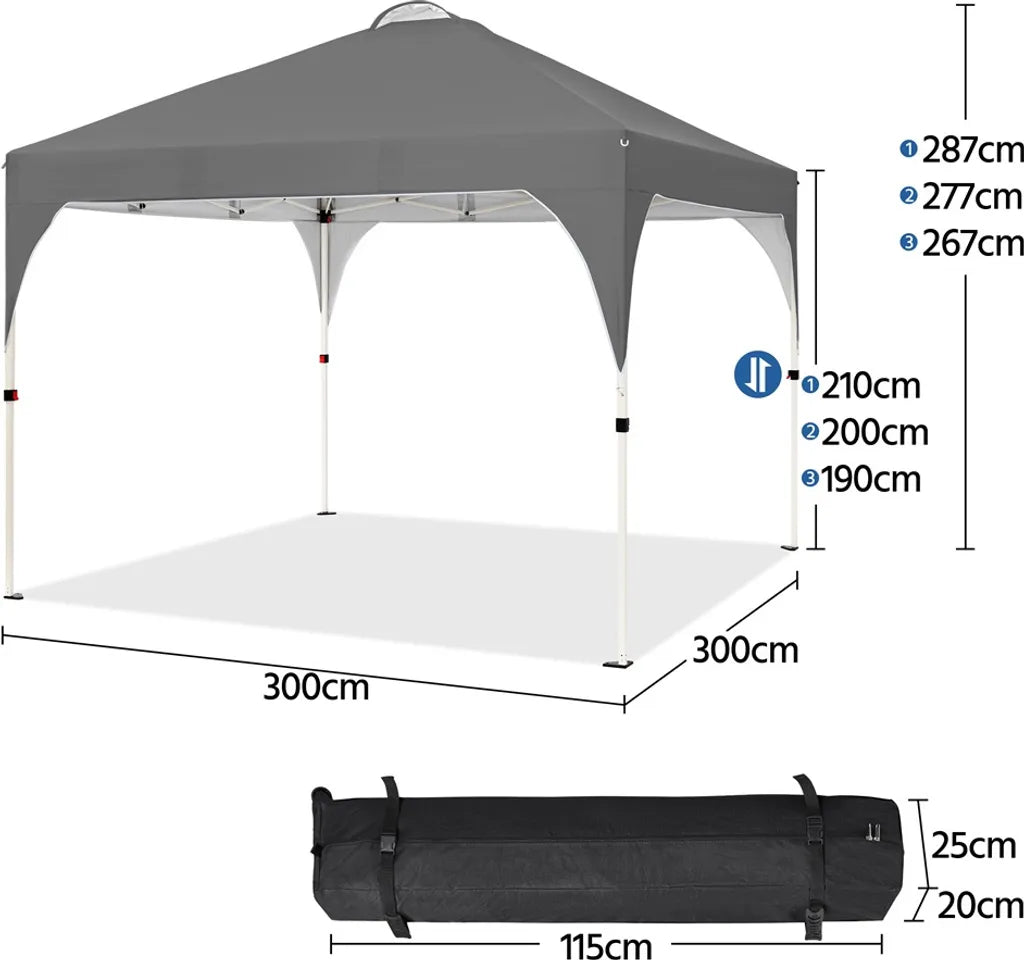 Yaheetech Pop-up Partytent - 3 x 3 m - In Hoogte Verstelbaar - Draagtas met Wielen - Donkergrijs