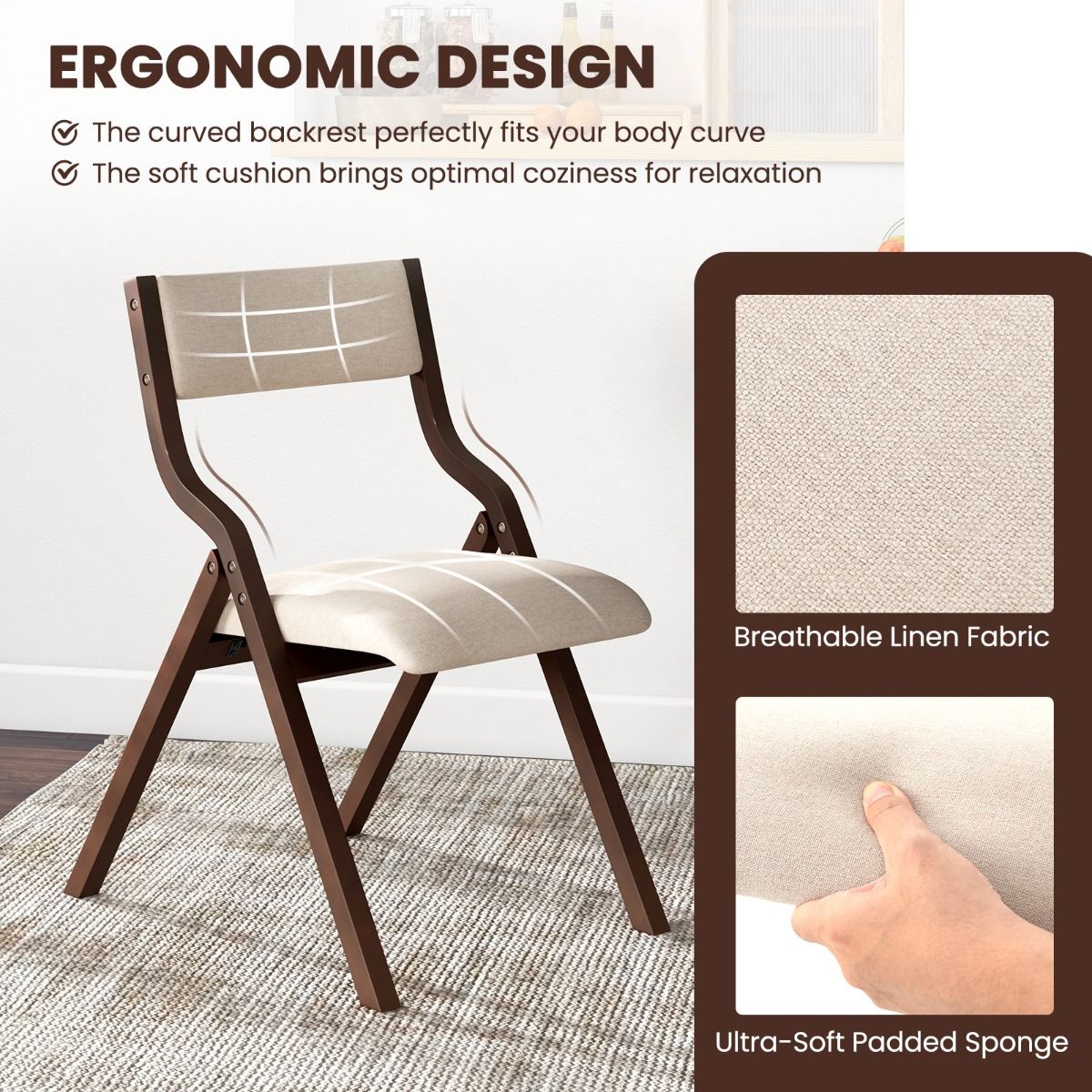 Coast Eetkamerstoelen Set van 2 - Opvouwbaar - Massief Houten Frame - Koffie en Beige