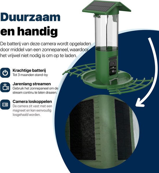 BOME Vogelvoederhuisje - Dubbele 2K HD Camera - Voedersilo - AI Vogelherkenning - Met Zonnepanelen