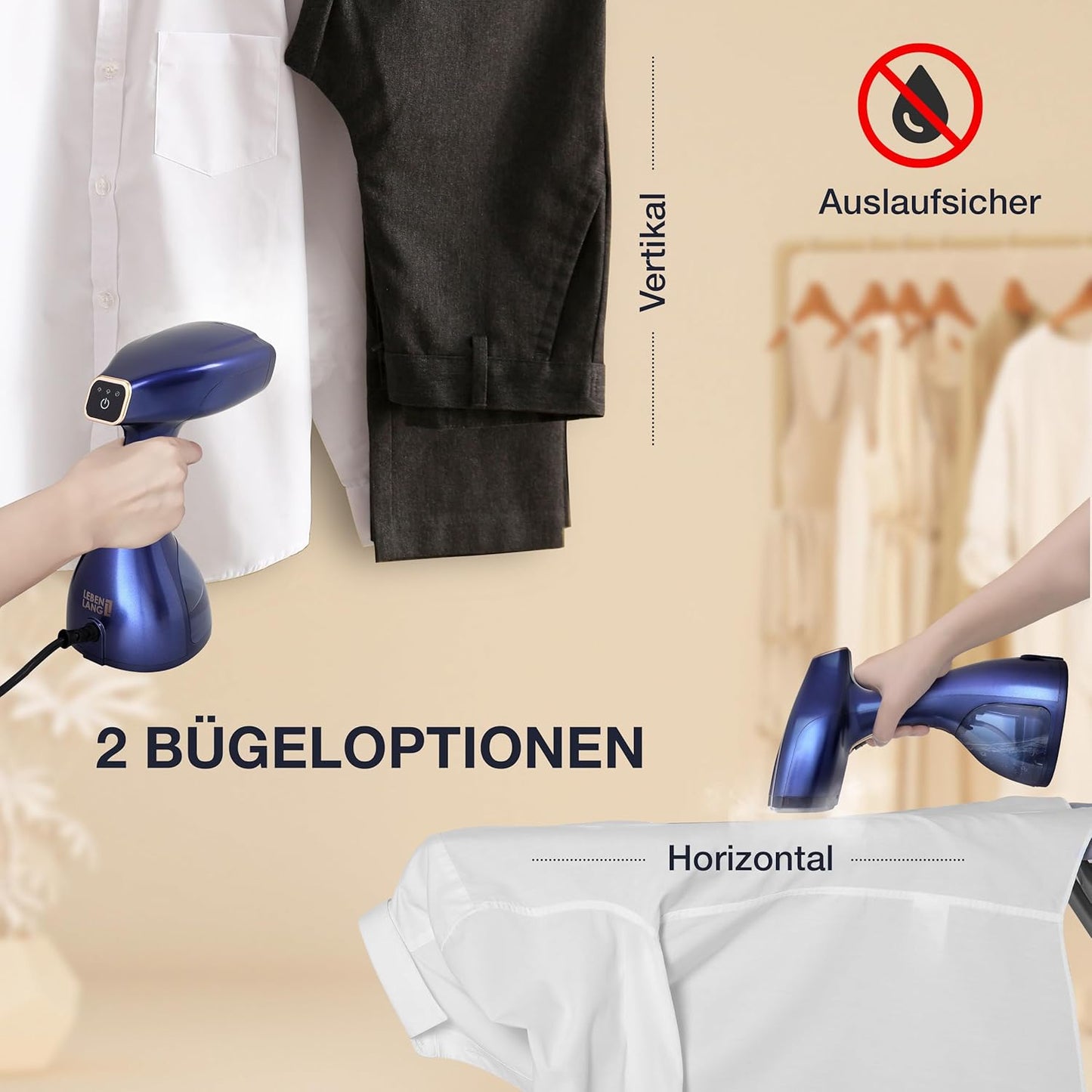 LEBENLANG Kledingstomer - 1500W - 300 ml Watertank - Inclusief Handschoen en Opzetstukken - Blauw