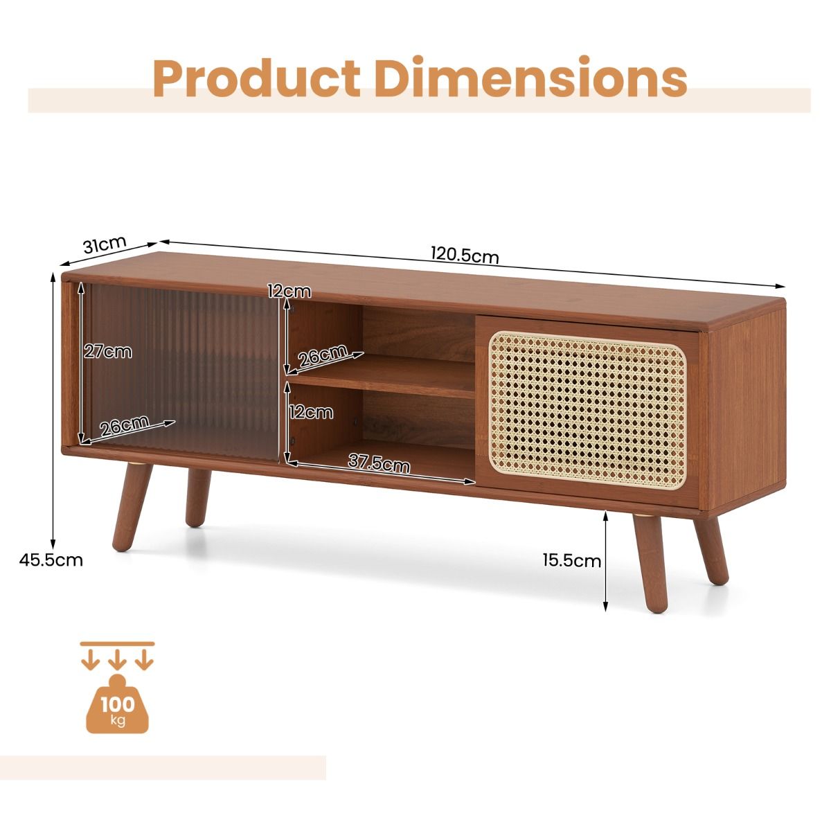 Coast TV-meubel - bamboe met rieten en glazen schuifdeur - verstelbare plank - bruin - 120,5 x 31 x 45,5 cm