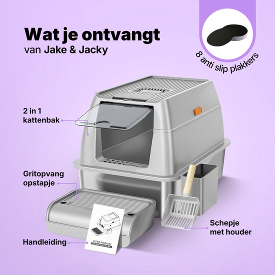 Jake en Jacky RVS Kattenbak - Kattentoilet Roestvrijstaal - Incl. Kattenbakschep met Houder en Gritopvang Opstapje - 2 in 1 Open Kattenbak met Afneembare Deksel - 60x40x38cm